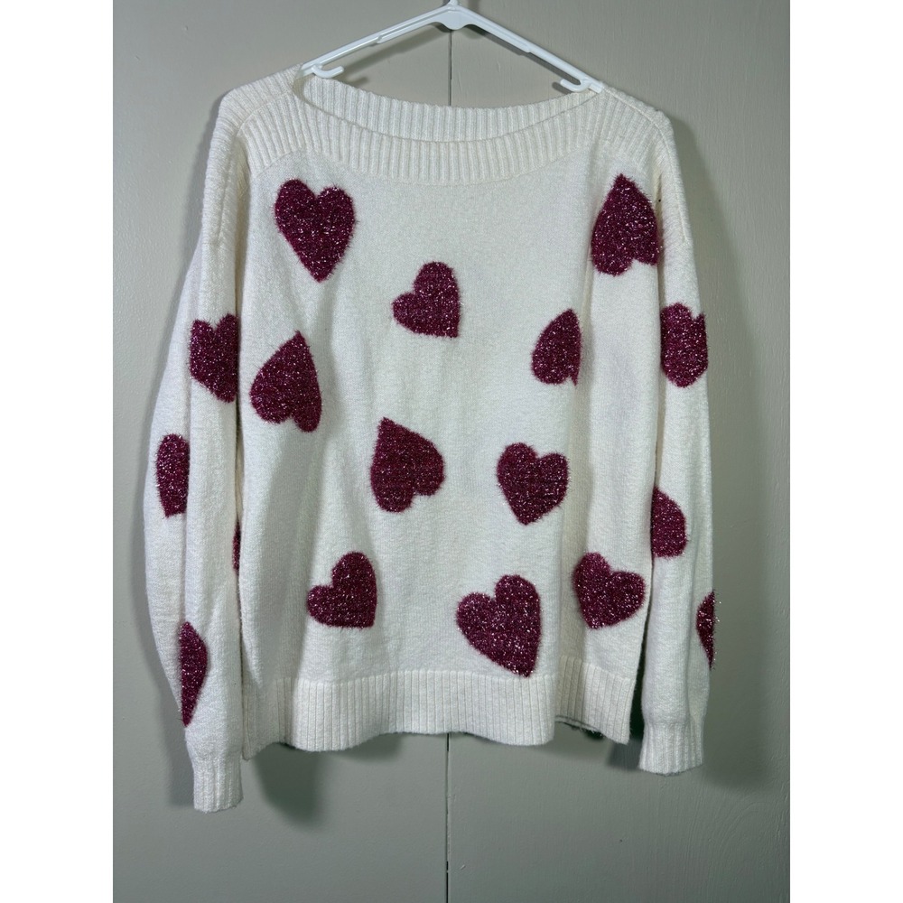 LOFT Womens Small Cream Pink Metallic Tinsel Heart Knit Sweater Pullover Holiday